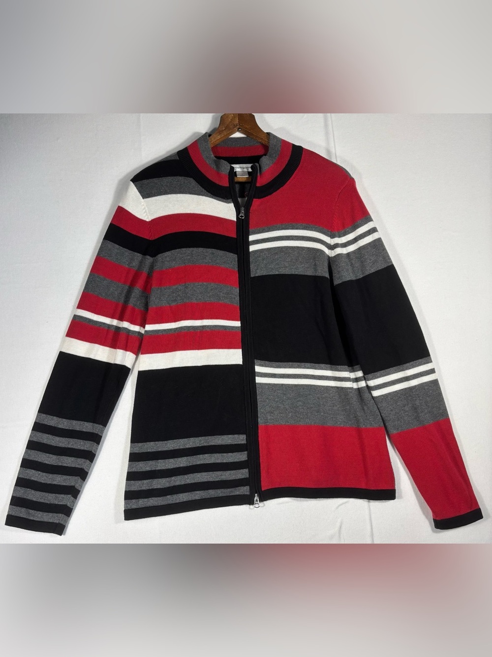 Christopher & Banks Women’s Medium Red, Black & Gray Striped Zip-Up Cardigan
